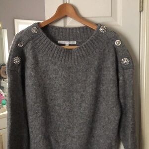Veronica beard gray sweater with crystal buttons on the shoulders   ribbed edges